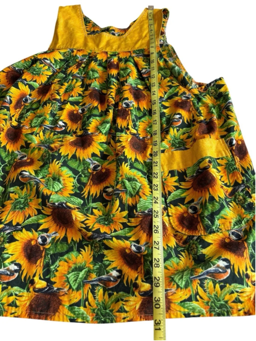 Handmade Sunflower Bird Print Smock Apron Pinafore Open Back Pockets Vintage